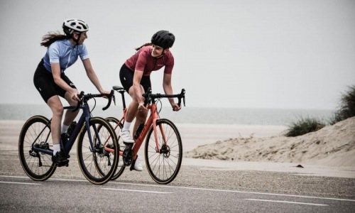 women bicycling on the road along a beach